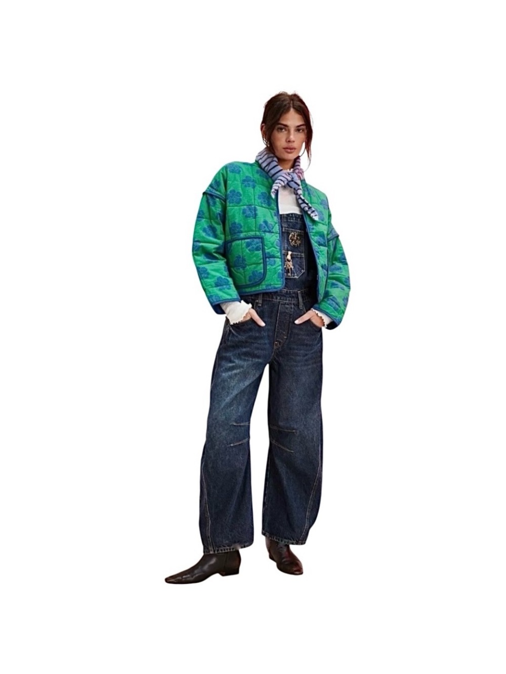 Free People Chloe Green Quilted Floral Cropped Puffer Jacket with Blue Accents - Picture 3 of 5